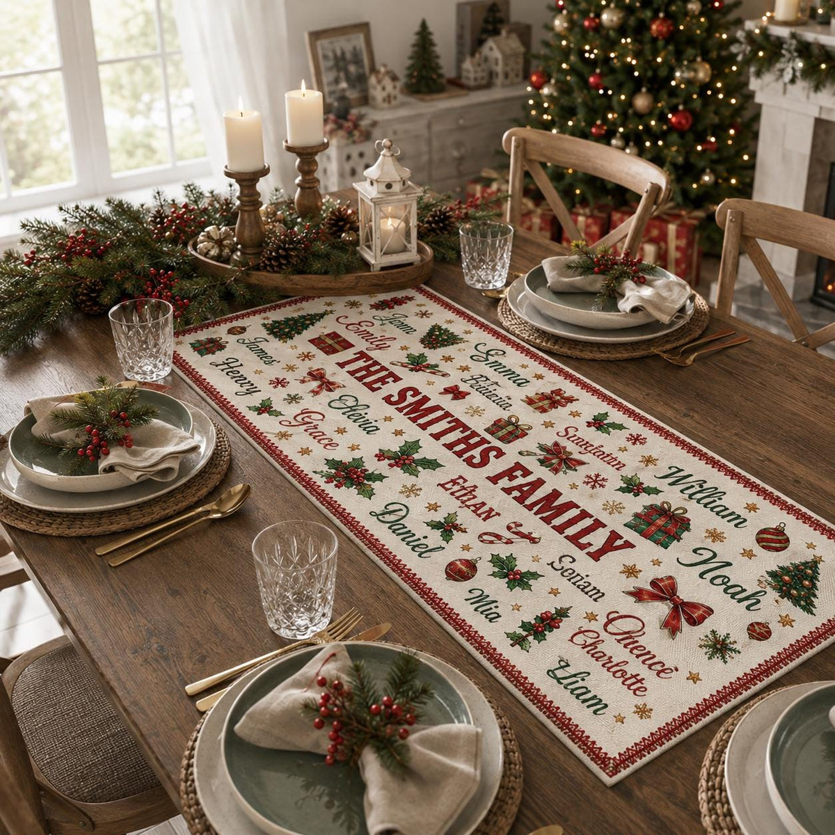 Personalized Christmas Table Runner, Custom Family Name Holiday Dining Decor, Christmas Dinner Tablecloth, Festive Home Accent, Gift 2026 - product image 3