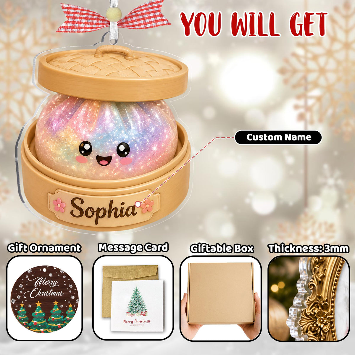 Personalized Glitter Dumpling Ornament, Squishy Dumpling Acrylic Custom Name Glittter Dumpling, Dumpling Lover Gift, Kids Christmas Gift - product image 3