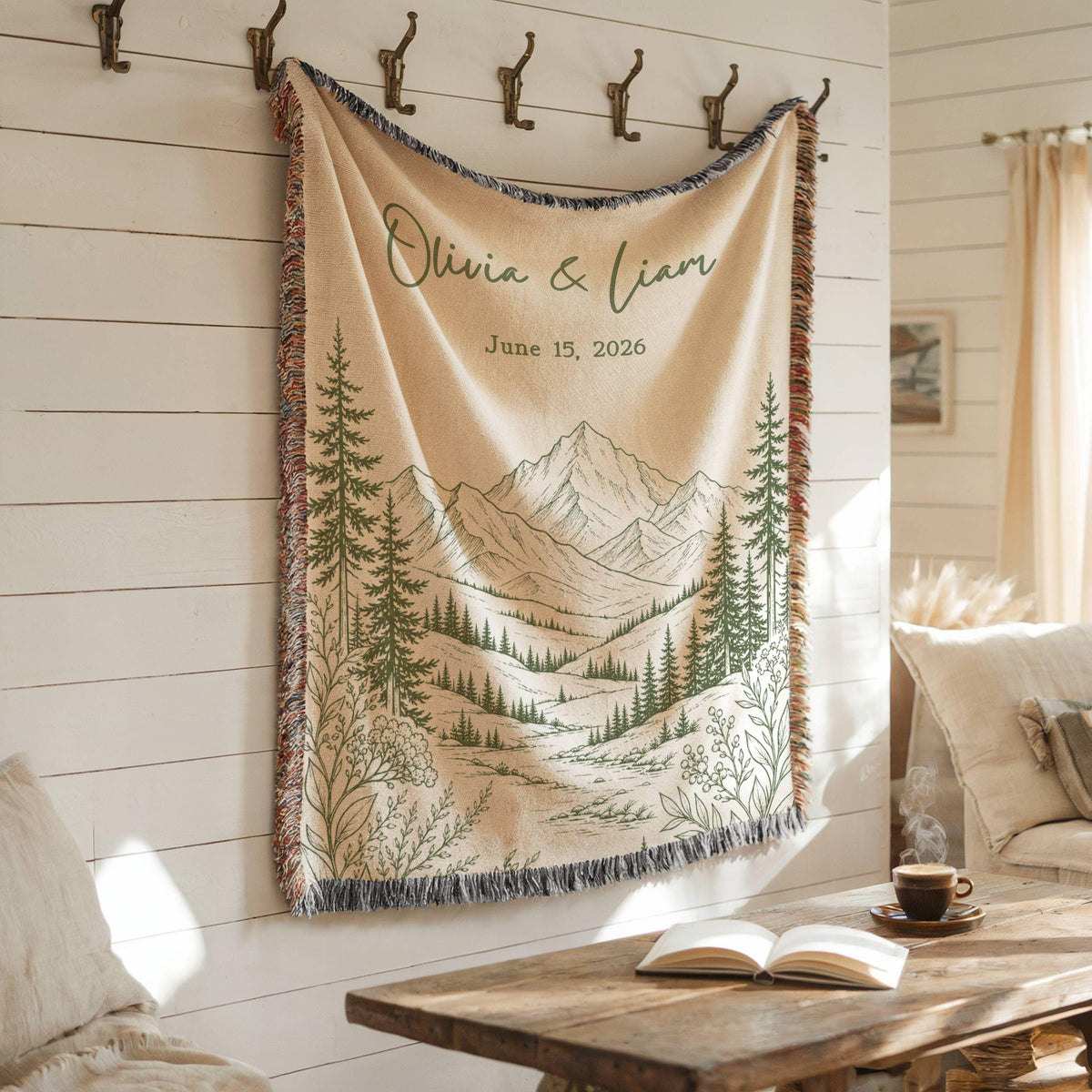 Personalized Mountain Woven Blanket, Custom Couple Name Date Throw, Forest Wedding Gift, Cotton Anniversary Gift for Couples Nature Lovers - product image 12