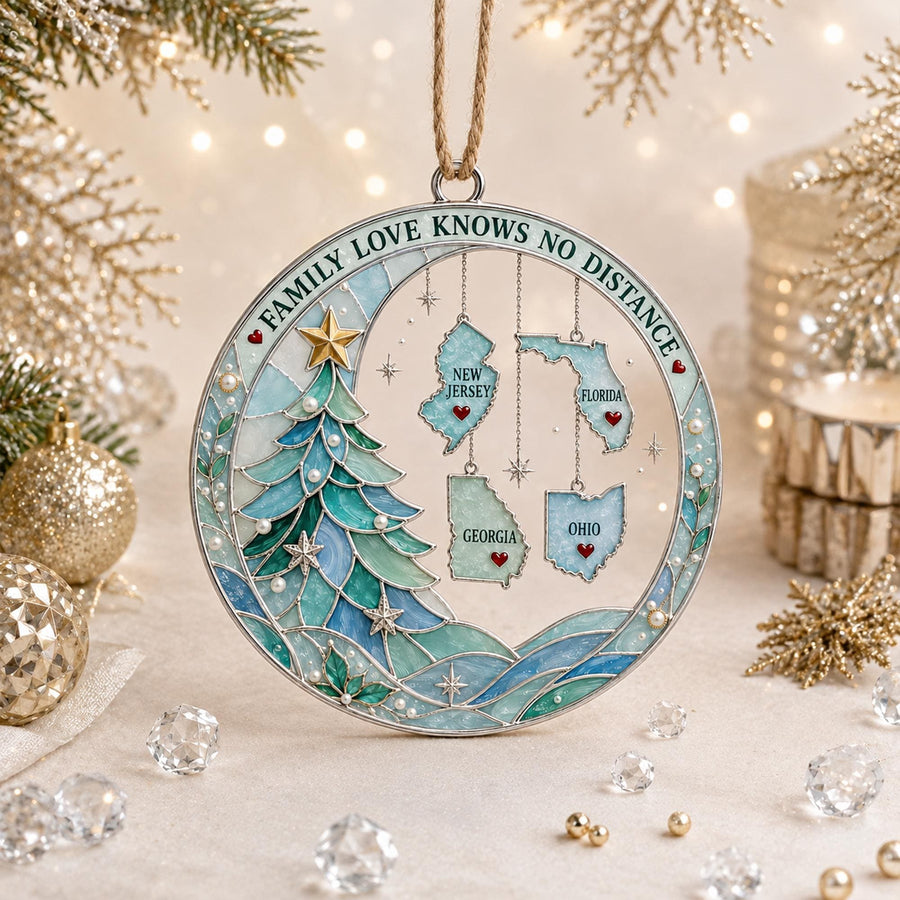 Personalized Long Distance Family Christmas Ornament, Custom State Ornament, Family Love Knows No Distance, 2D Flat Keepsake - main product image