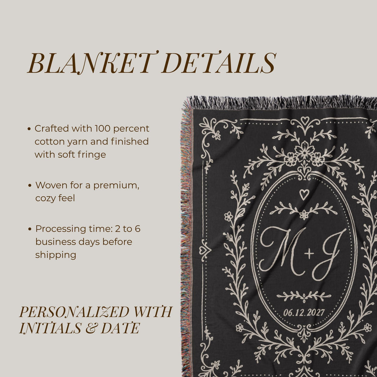 Cotton Anniversary Gift Personalized Woven Blanket 2nd Anniversary Gift for Him or Her Monogrammed Blanket with Initials and Date Keepsake - product image 8
