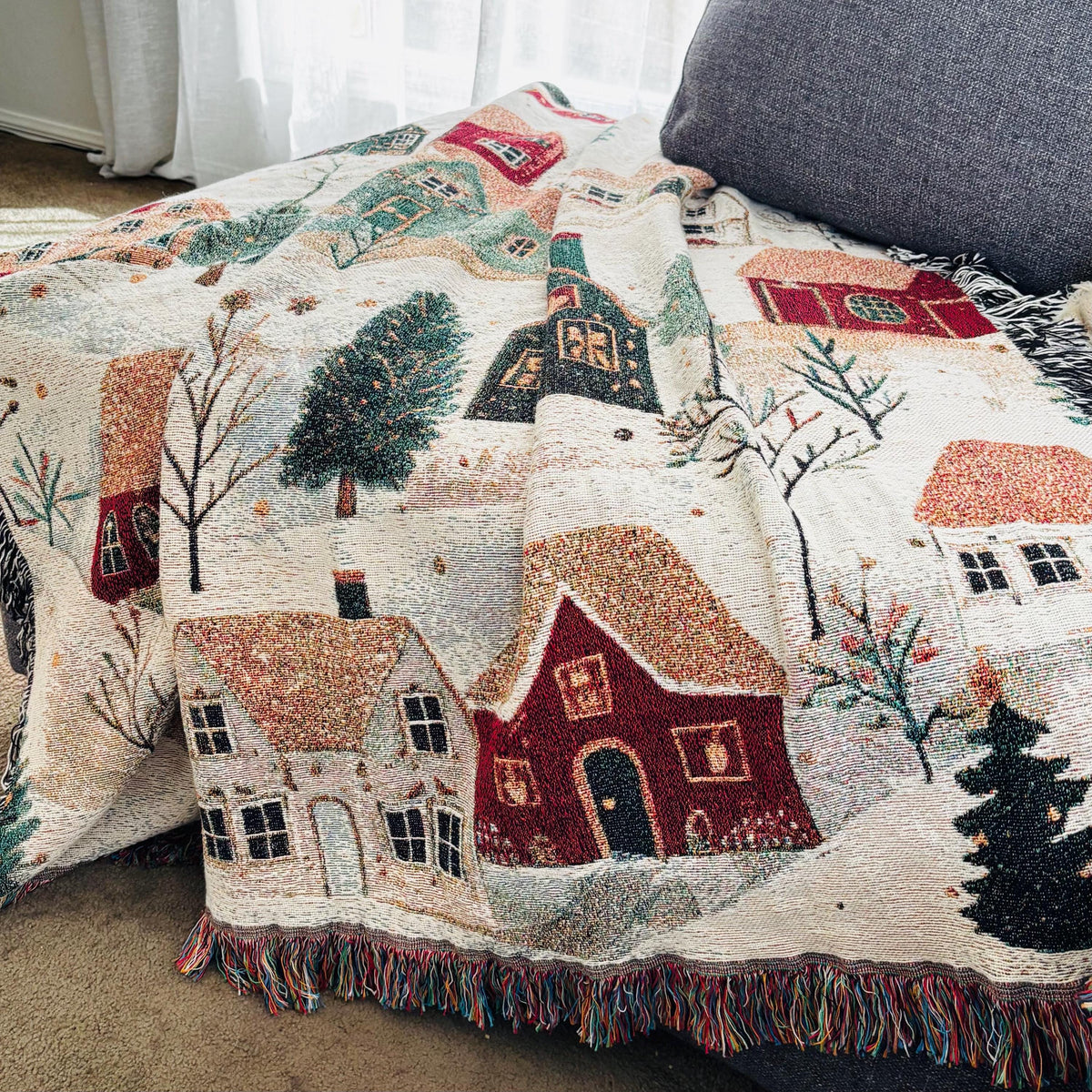 Christmas Woven Blanket, Personalized Festive Xmas Village Cotton Throw, Keepsake Tapestry - product image 4