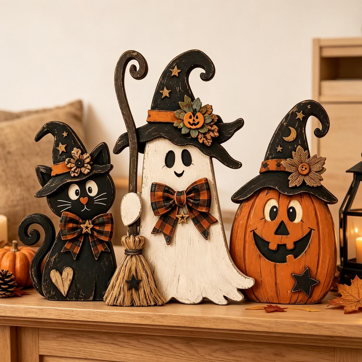 Farmhouse Wooden Halloween Set, Ghost Pumpkin Black Cat Decor, Autumn Tiered Tray Decor - main product image