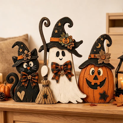Farmhouse Wooden Halloween Set, Ghost Pumpkin Black Cat Decor, Autumn Tiered Tray Decor - main product image