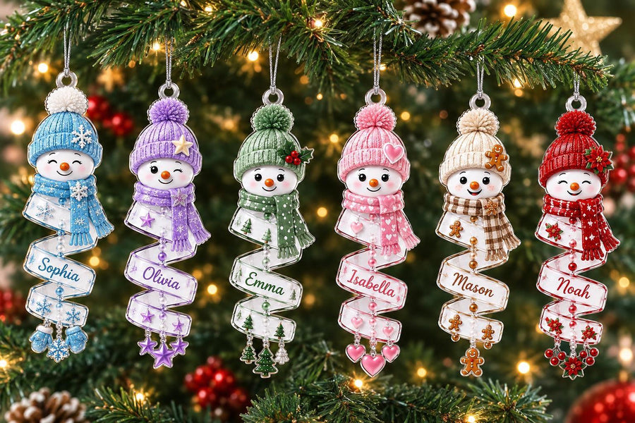 Christmas Snowman Spiral Ornament, Custom Name Snowman Acrylic Ornament, Christmas Tree Decor, Santa Snowman, 2026 Christmas Keepsake - main product image