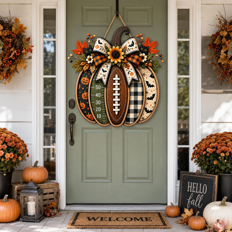 Football Pumpkin Door Sign, Halloween Fall Wreath, Autumn Sports Decor, Game Day GIFT 2026, Harvest Front Door Hanging, Football Fan Gift - main product image