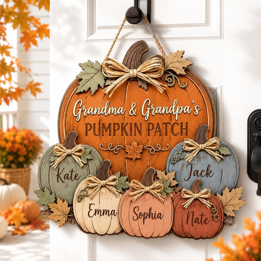 Personalized Grandma & Grandpa's Pumpkin Patch Door Hanger, Custom Grandkids Name Pumpkin Sign, Autumn Front Door Decor, Grandparent Gift - main product image