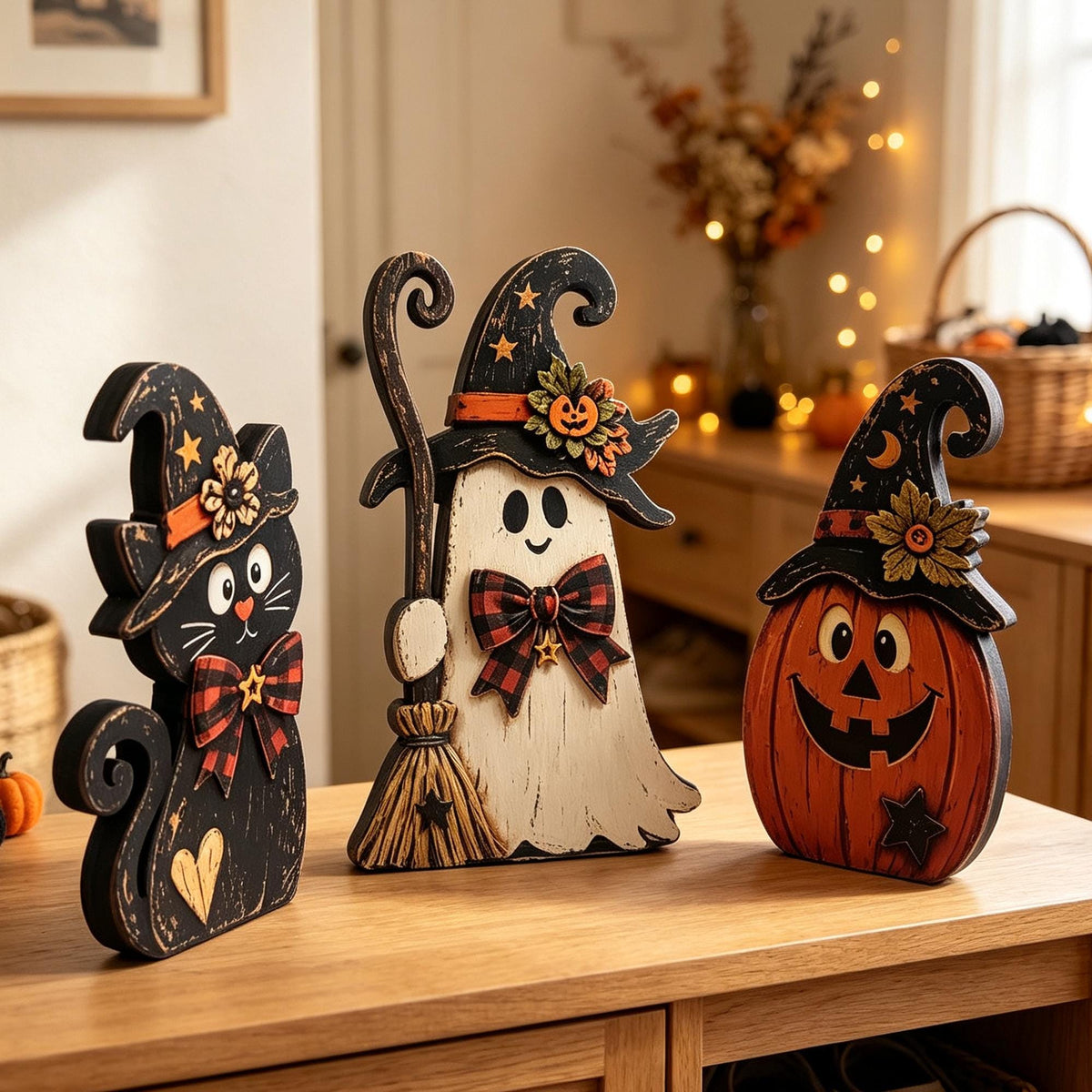 Farmhouse Wooden Halloween Set, Ghost Pumpkin Black Cat Decor, Autumn Tiered Tray Decor - product image 6