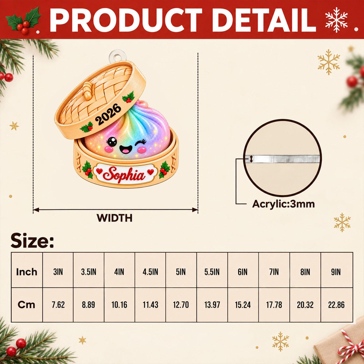 Personalized Cute Dumpling Acrylic Ornament, Custom Name Glitter Dumpling Ornament, Custom Family Christmas Keepsake, Dumpling Lover Gift - product image 13