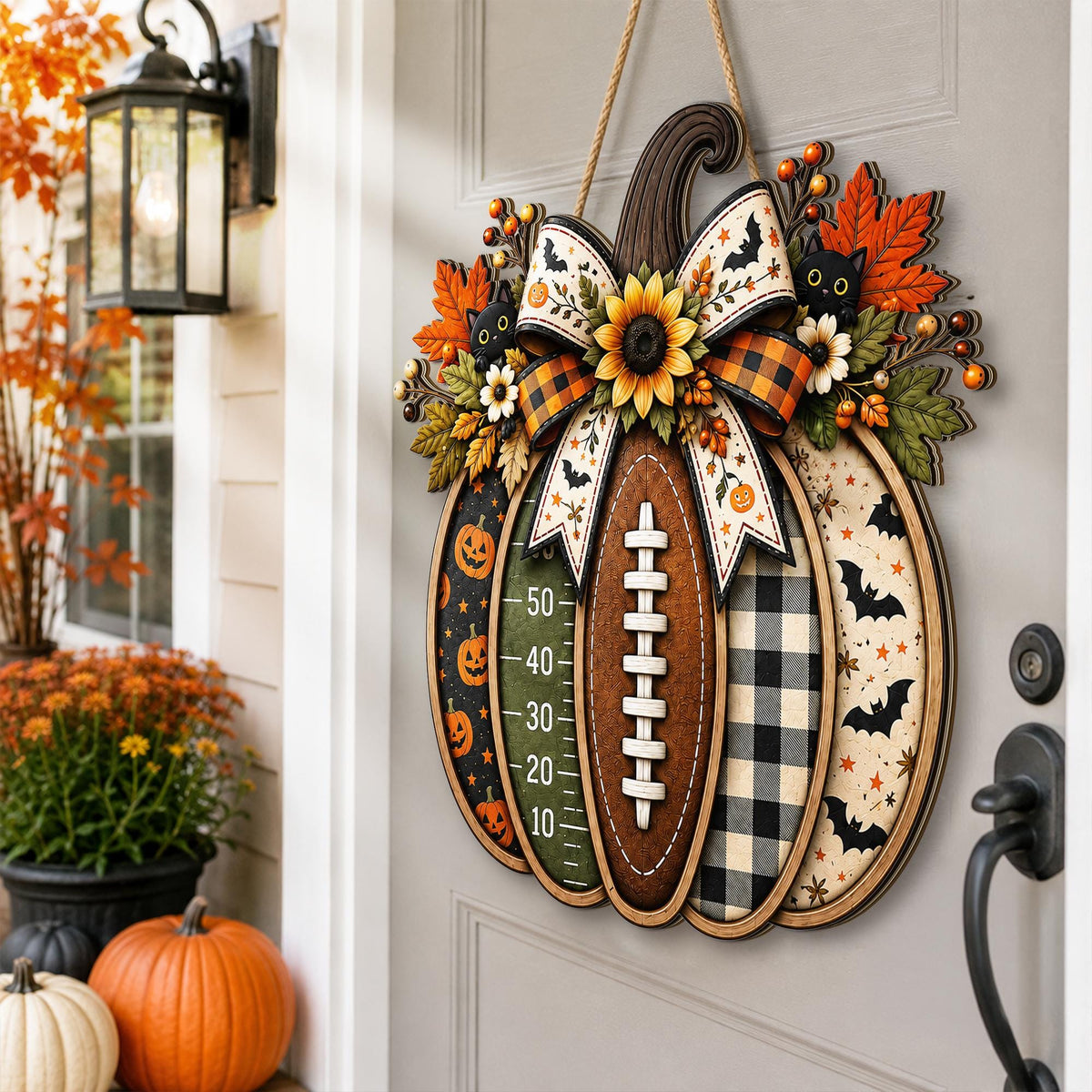 Football Pumpkin Door Sign, Halloween Fall Wreath, Autumn Sports Decor, Game Day GIFT 2026, Harvest Front Door Hanging, Football Fan Gift - product image 4
