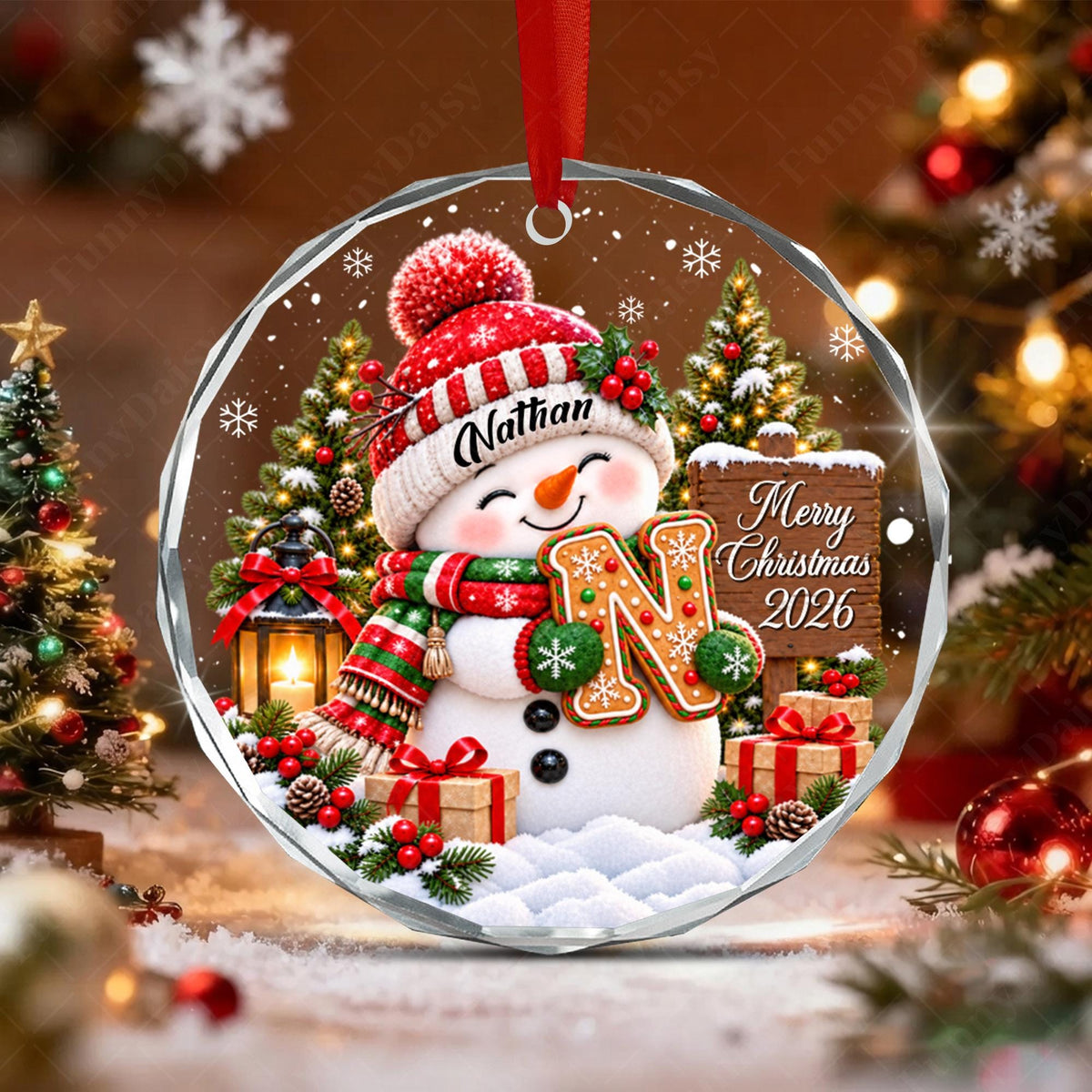Personalized Kid Name Ornament, Letter Gingerbread with Snowman Keepsake - main product image