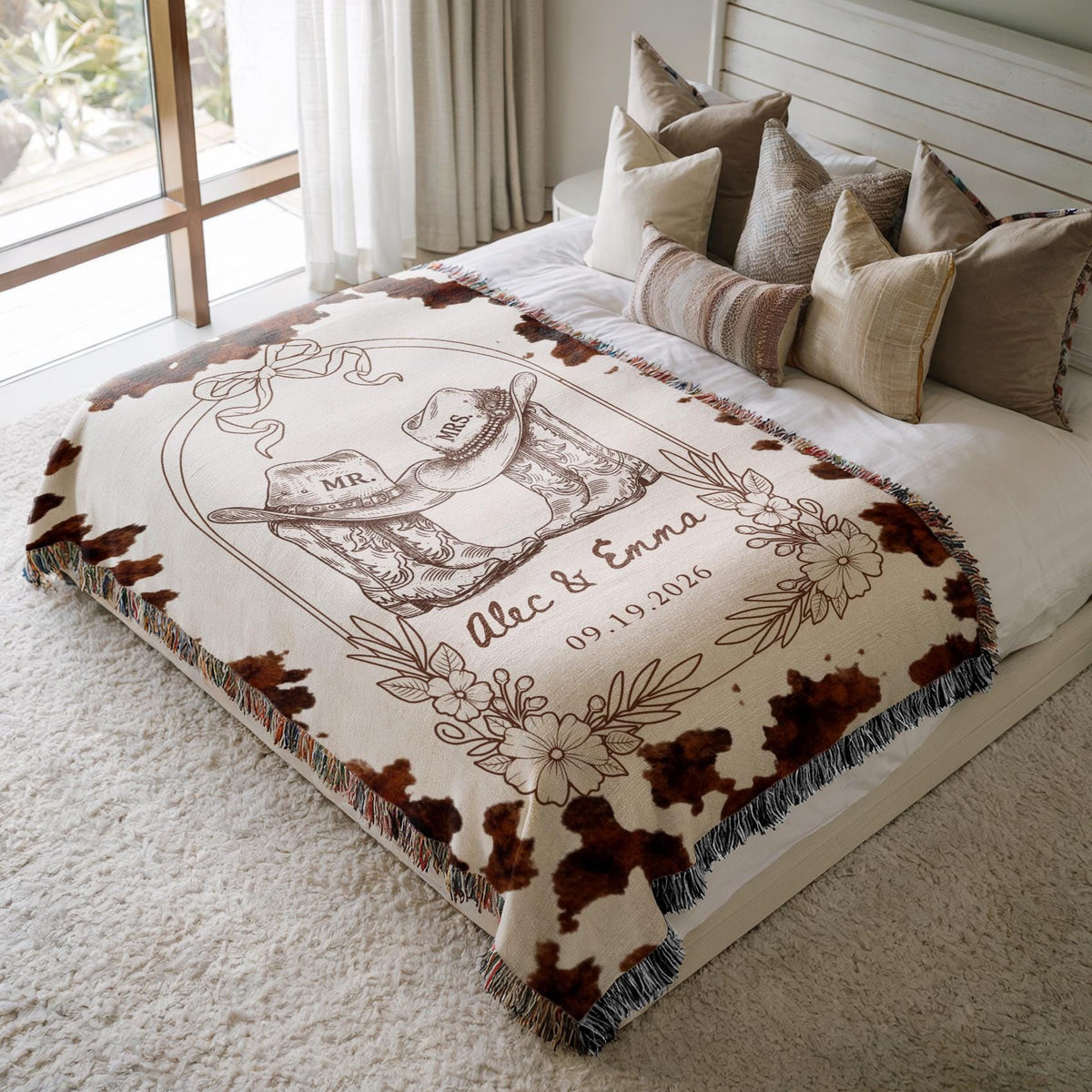 Western Wedding Blanket Custom With Names And Date, Cowboy Mr And Mrs Woven Throw, Rustic Bridal Shower Gift, Personalized Couple Present - product image 7
