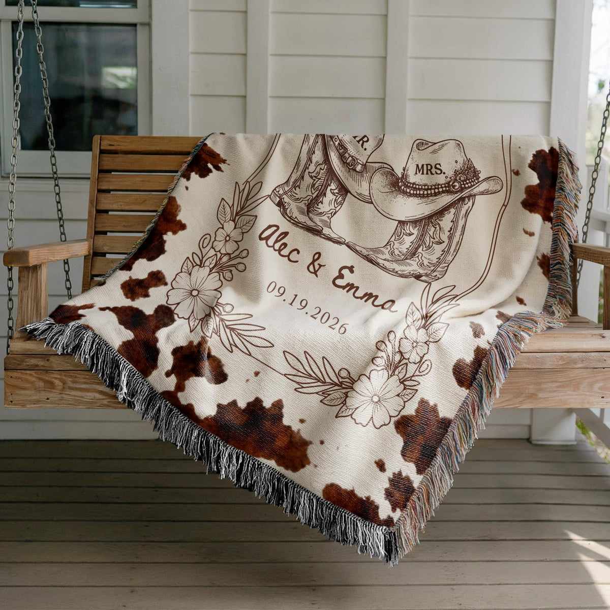 Western Wedding Blanket Custom With Names And Date, Cowboy Mr And Mrs Woven Throw, Rustic Bridal Shower Gift, Personalized Couple Present - product image 3