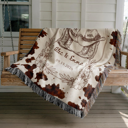 Western Wedding Blanket Custom With Names And Date, Cowboy Mr And Mrs Woven Throw, Rustic Bridal Shower Gift, Personalized Couple Present - product image 3