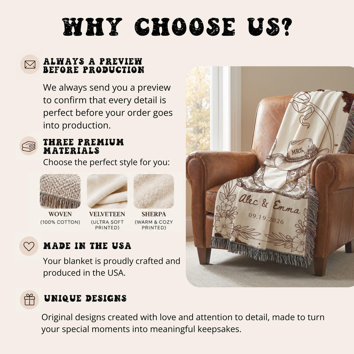 Western Wedding Blanket Custom With Names And Date, Cowboy Mr And Mrs Woven Throw, Rustic Bridal Shower Gift, Personalized Couple Present - product image 4