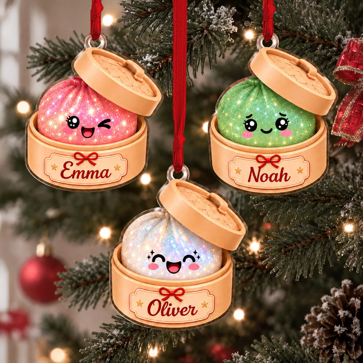 Personalized Cute Dumpling Christmas Ornament, Faux Glitter Dumpling Keepsake, Dumpling Lover Gift, Kids Christmas Gift, Foodie Decor - main product image