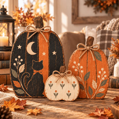 2D Wooden Pumpkin Set, 3ps Halloween Wooden Pumpkin Sitter, Rustic Fall Tiered Tray Decor, Desktop Decor, Halloween Gifts - main product image