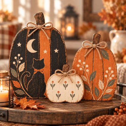 2D Wooden Pumpkin Set, 3ps Halloween Wooden Pumpkin Sitter, Rustic Fall Tiered Tray Decor, Desktop Decor, Halloween Gifts - product image 2