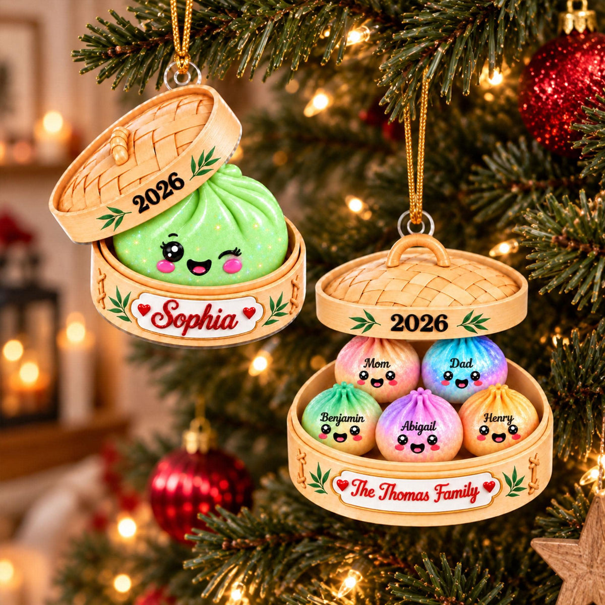 Personalized Cute Dumpling Acrylic Ornament, Custom Name Glitter Dumpling Ornament, Custom Family Christmas Keepsake, Dumpling Lover Gift - main product image