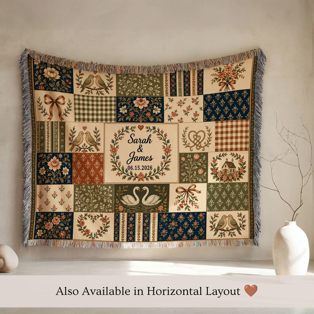 Personalized Floral Patchwork Woven Blanket, Custom Couple Names Date Throw, Vintage Botanical Wedding Gift,Cotton Anniversary Keepsake - product image 7