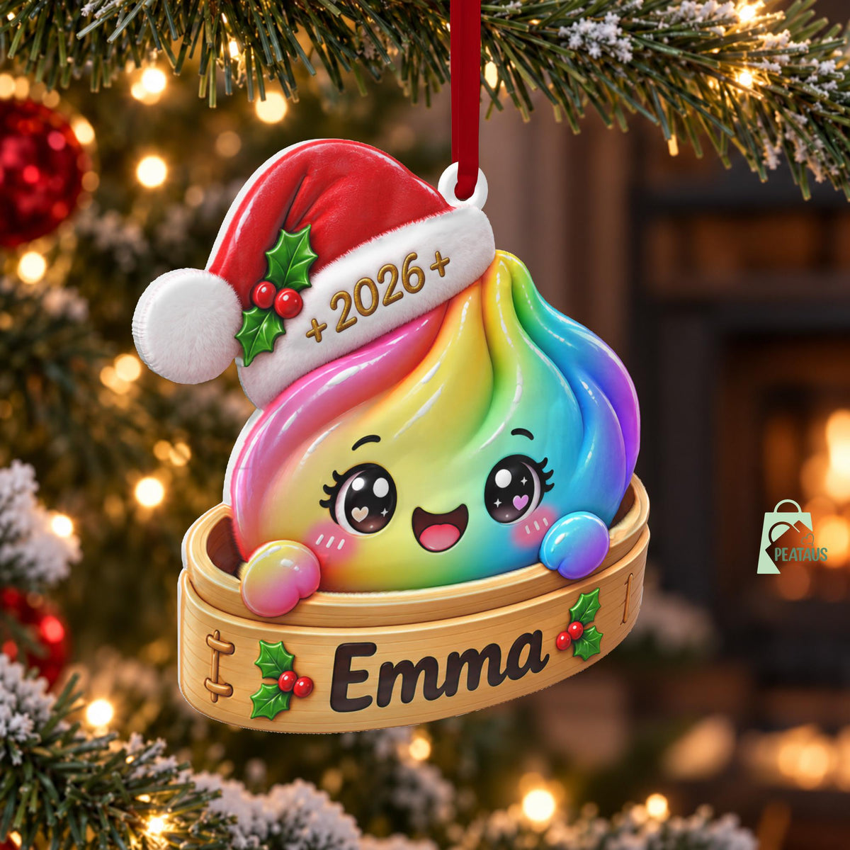 Personalized Squishy 3D Ornament, Custom Name Glitter Dumpling Ornament, Bamboo Steamer, Dumpling Lover Gift, Christmas Gift for Kids - product image 3