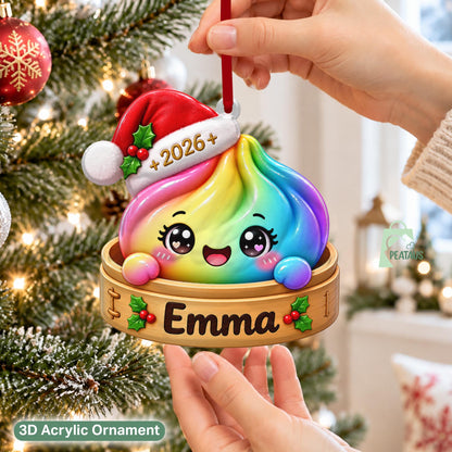 Personalized Squishy 3D Ornament, Custom Name Glitter Dumpling Ornament, Bamboo Steamer, Dumpling Lover Gift, Christmas Gift for Kids - main product image