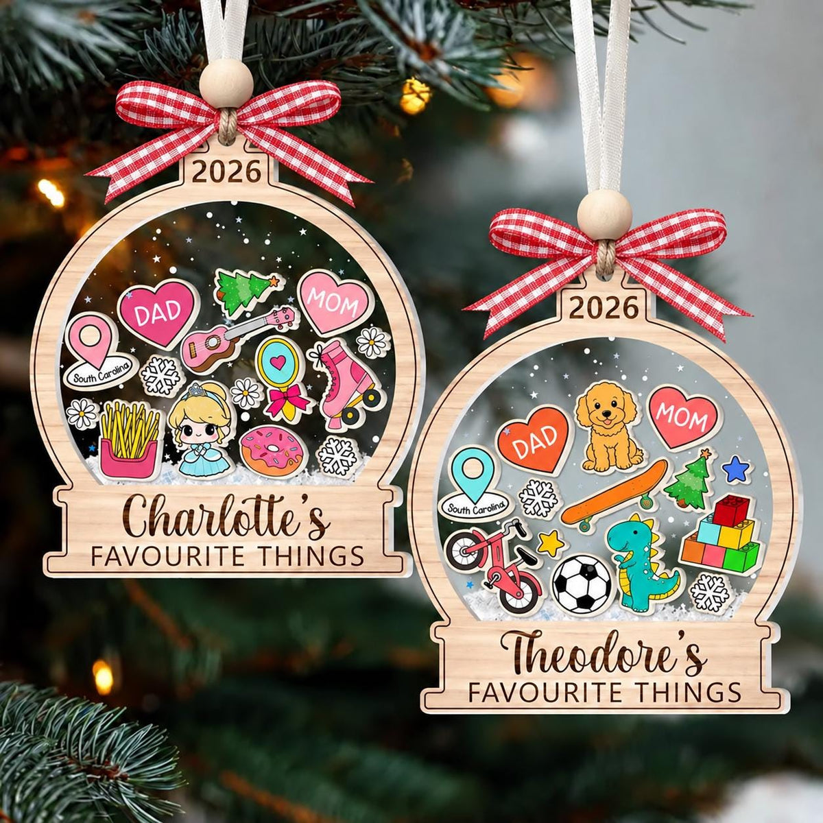 Personalized Shaker Christmas Ornament, Custom Favorite Things Ornament, 3-Layer Wood & Acrylic or Clear Acrylic Decoration, Kids Gift - main product image