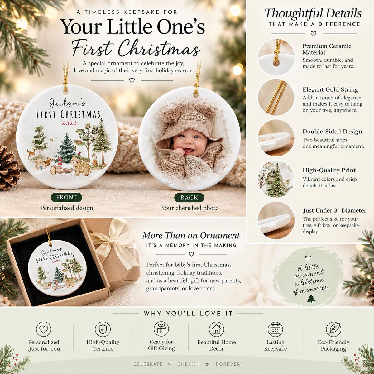 Personalized Baby's First Christmas Ornament 2026, Baby Shower Photo Keepsake - product image 3