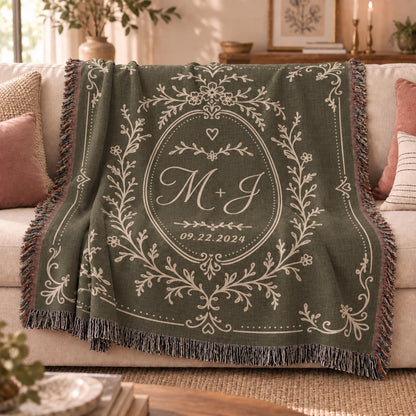 Cotton Anniversary Gift Personalized Woven Blanket 2nd Anniversary Gift for Him or Her Monogrammed Blanket with Initials and Date Keepsake - main product image