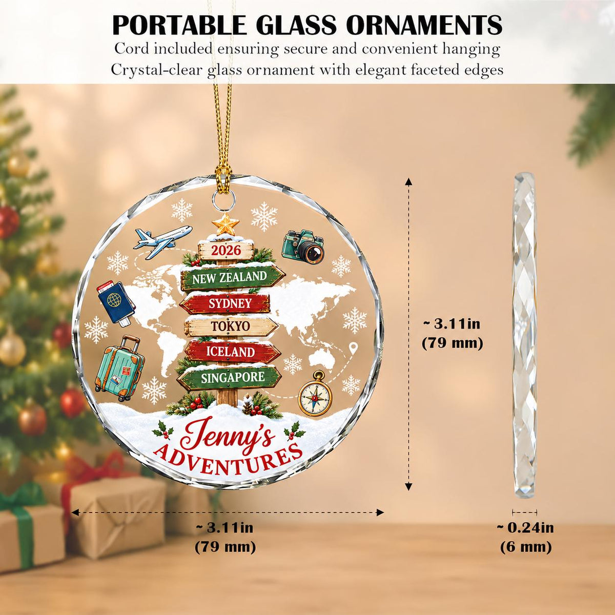 Personalized Travel Ornament 2026, Custom Destination Christmas Ornament, Glass Family Vacation Keepsake, Wanderlust Gift - product image 5