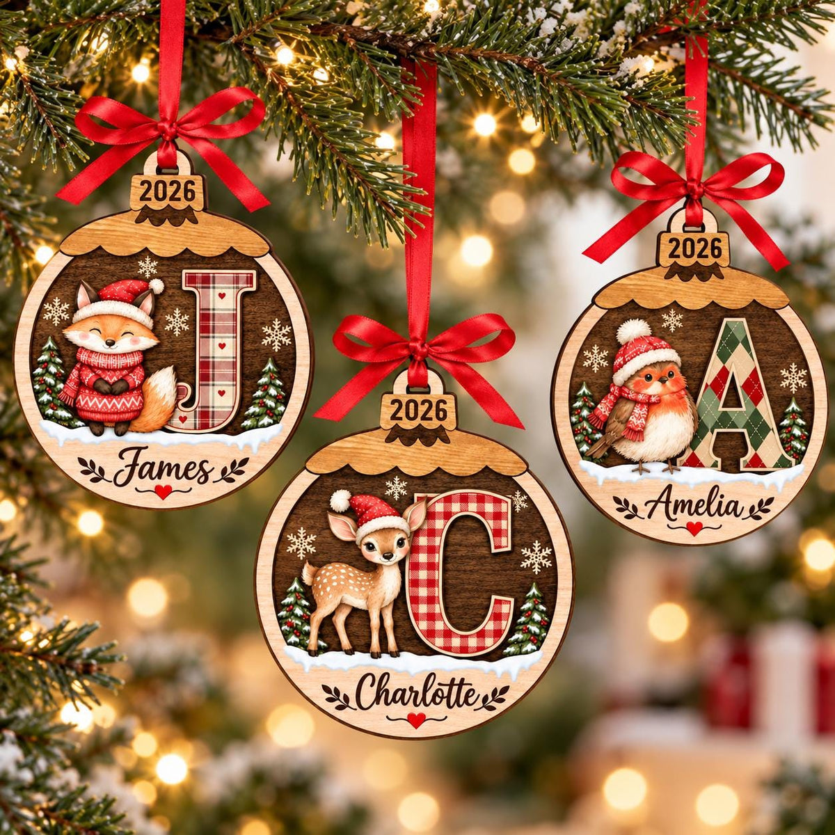 Baby First Christmas Ornament 2026, Personalized Monogram Ornament, Custom Toddler Name Gift, Woodland Animal Keepsake - main product image