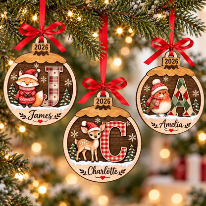 Baby First Christmas Ornament 2026, Personalized Monogram Ornament, Custom Toddler Name Gift, Woodland Animal Keepsake - main product image