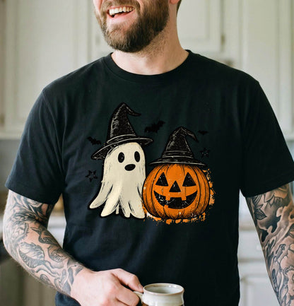 Cute Ghost Pumpkin Halloween Shirt, Witch Hat T-Shirt, Spooky Season Sweatshirt & Hoodie, Unisex Halloween Gift