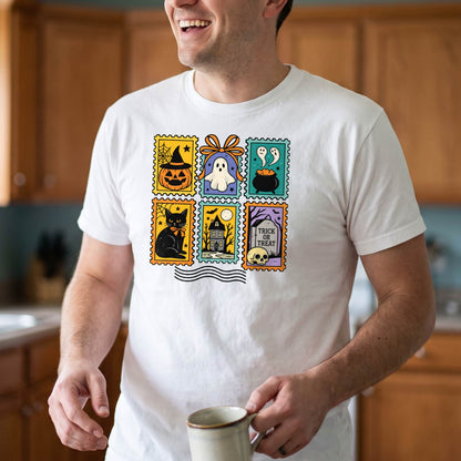 Vintage Halloween Postage Stamp Shirt, Ghost Cat Pumpkin T-Shirt, Spooky Season Sweatshirt & Hoodie, Unisex Fall Gift