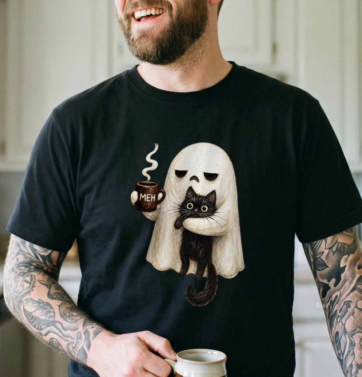 Meh Ghost and Black Cat Halloween Shirt, Funny Coffee Ghost T-Shirt, Unisex Sweatshirt & Hoodie, Halloween Gift