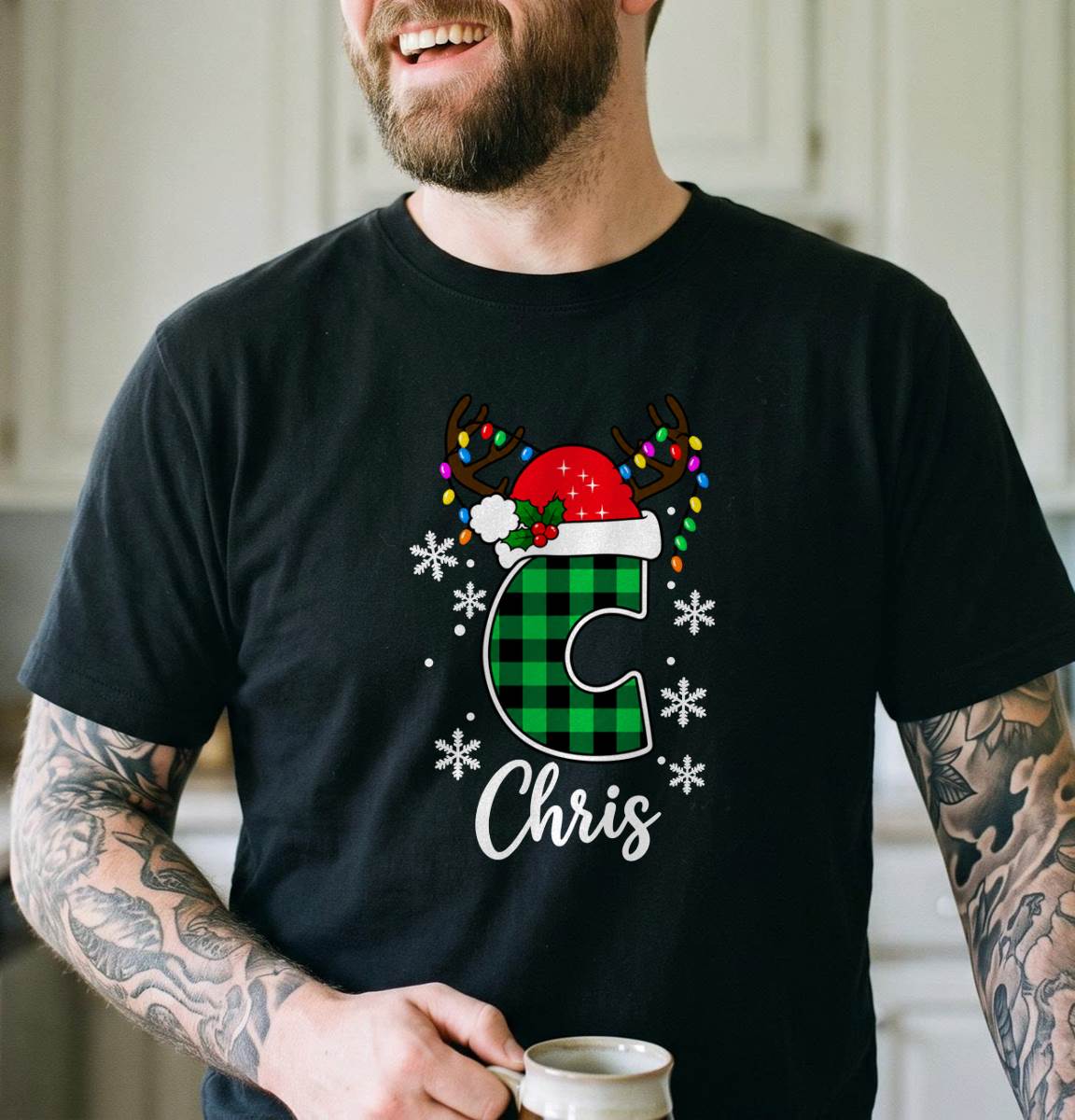 Personalized Plaid Christmas Initial Shirt, Custom Name T-Shirt, Sweatshirt & Hoodie, Unisex Holiday Gift