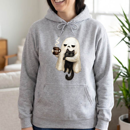 Meh Ghost and Black Cat Halloween Shirt, Funny Coffee Ghost T-Shirt, Unisex Sweatshirt & Hoodie, Halloween Gift