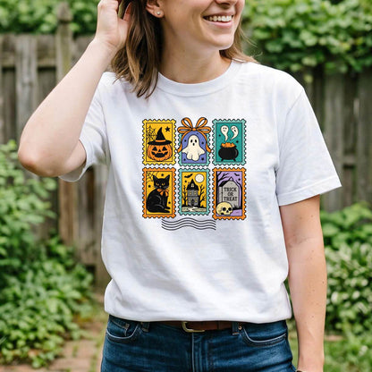 Vintage Halloween Postage Stamp Shirt, Ghost Cat Pumpkin T-Shirt, Spooky Season Sweatshirt & Hoodie, Unisex Fall Gift