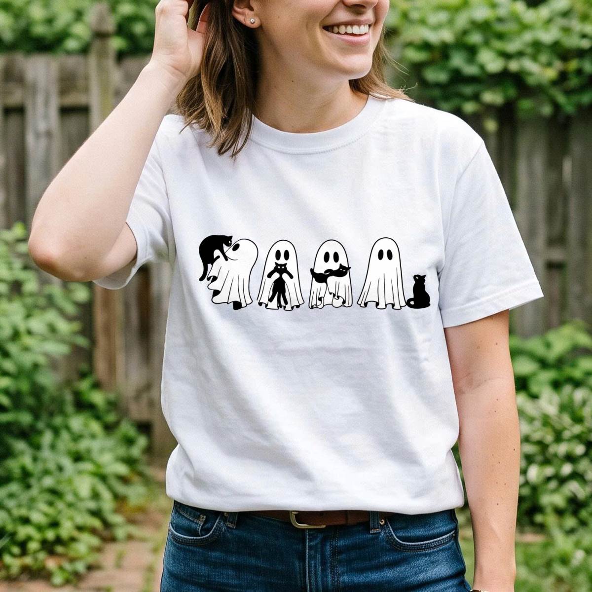 Cute Ghost and Black Cat Halloween Shirt, Spooky Cat T-Shirt, Sweatshirt & Hoodie, Halloween Gift