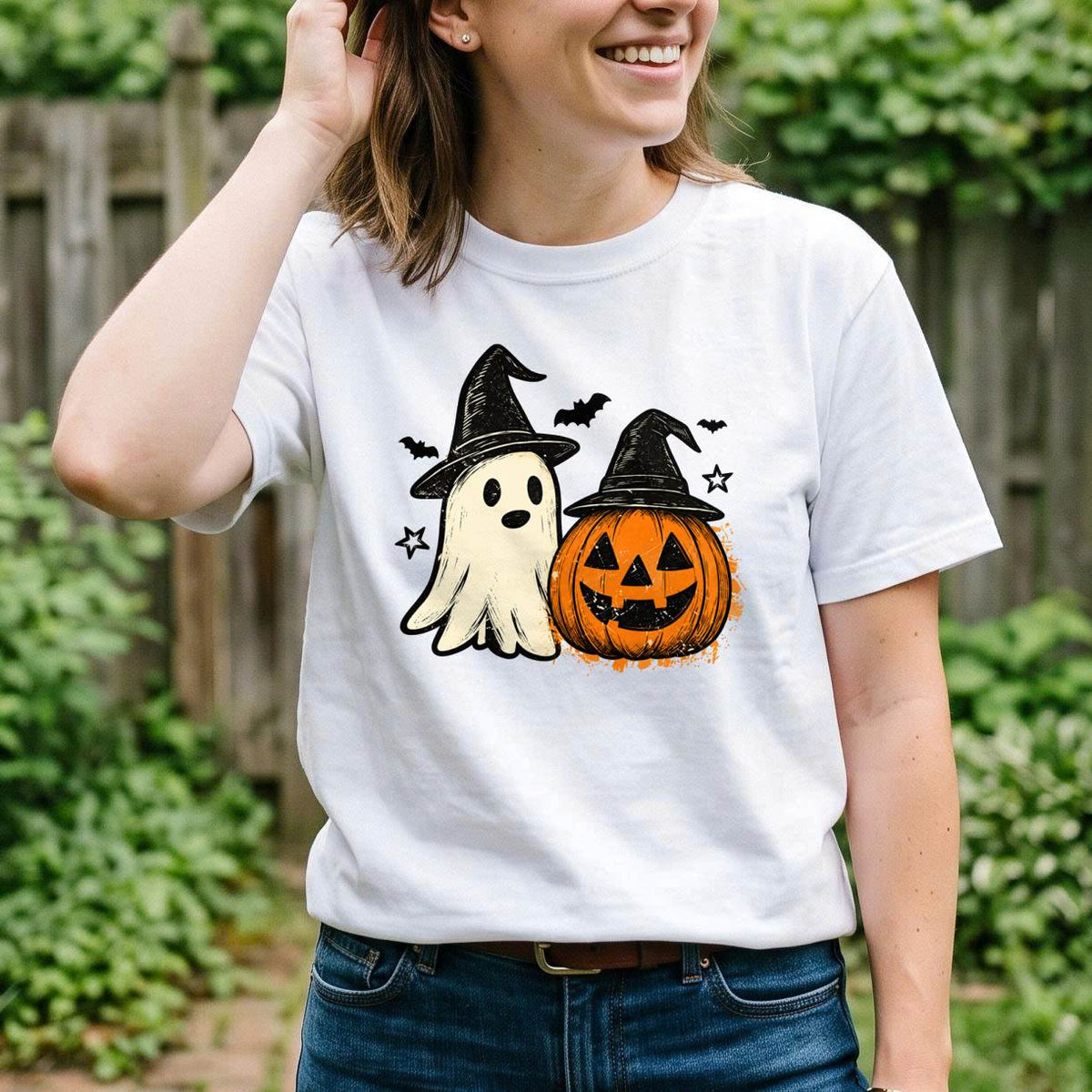 Cute Ghost Pumpkin Halloween Shirt, Witch Hat T-Shirt, Spooky Season Sweatshirt & Hoodie, Unisex Halloween Gift