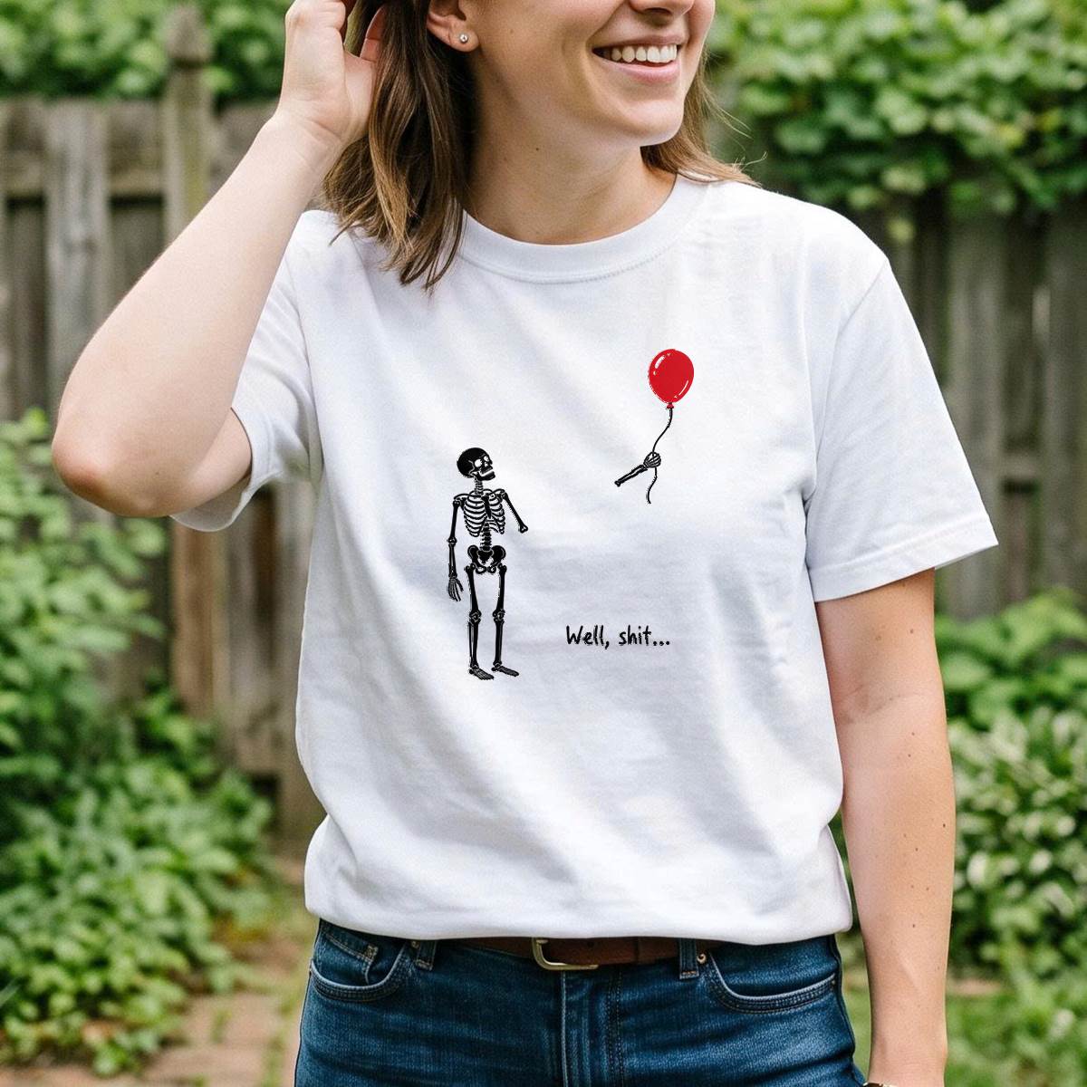 Funny Skeleton Red Balloon Halloween Shirt, Well Shit T-Shirt, Unisex Sweatshirt & Hoodie, Spooky Season Gift