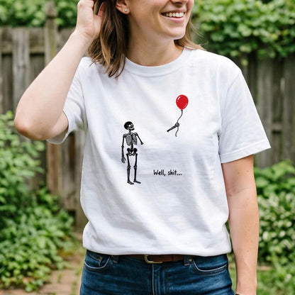 Funny Skeleton Red Balloon Halloween Shirt, Well Shit T-Shirt, Unisex Sweatshirt & Hoodie, Spooky Season Gift